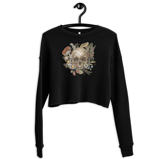 Skull with Floral Design Graphic Crop Sweatshirt | Women’s Goth Crop Top | Edgy and Chic Fashion | Cozy Eco-Friendly Pullover